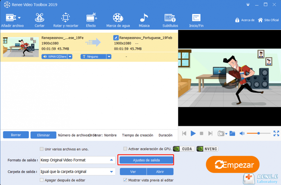 ajustar la velocidad de fotogramas de un video a 60FPScon renee video editor pro