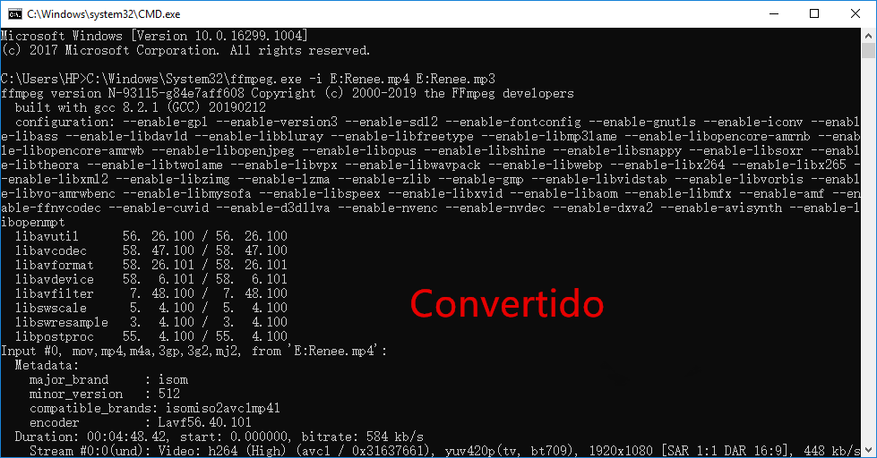 convertir MPEG4 a mp3 con FFmpeg