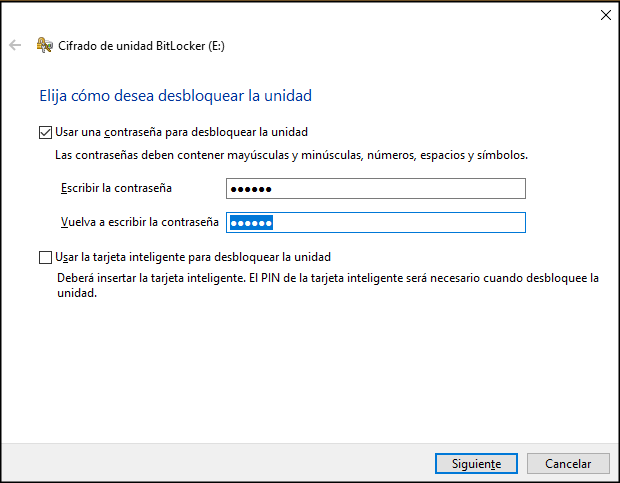 Usar una contraseña para desbloquear la unidad en bitlocker