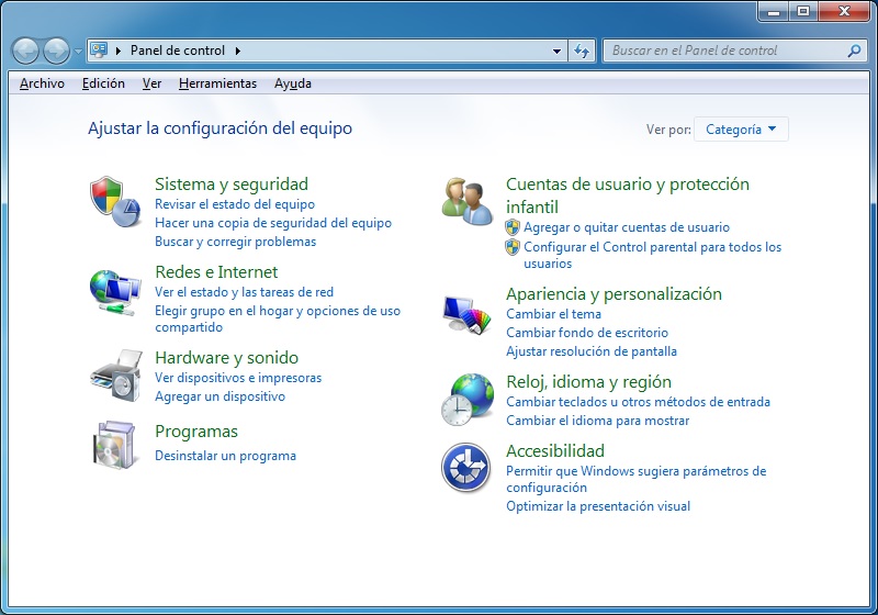 el panel de control en windows 7