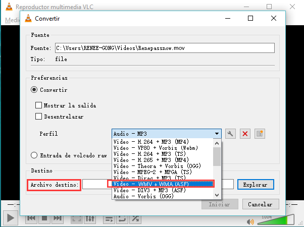 convertir mov a wmv con VLC