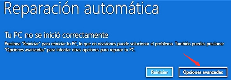 Seleccione opciones avanzadas en la interfaz de reparación automática Seleccione opciones avanzadas en la interfaz de reparación automática