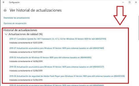 Lista del historial de actualizaciones de Windows 10.