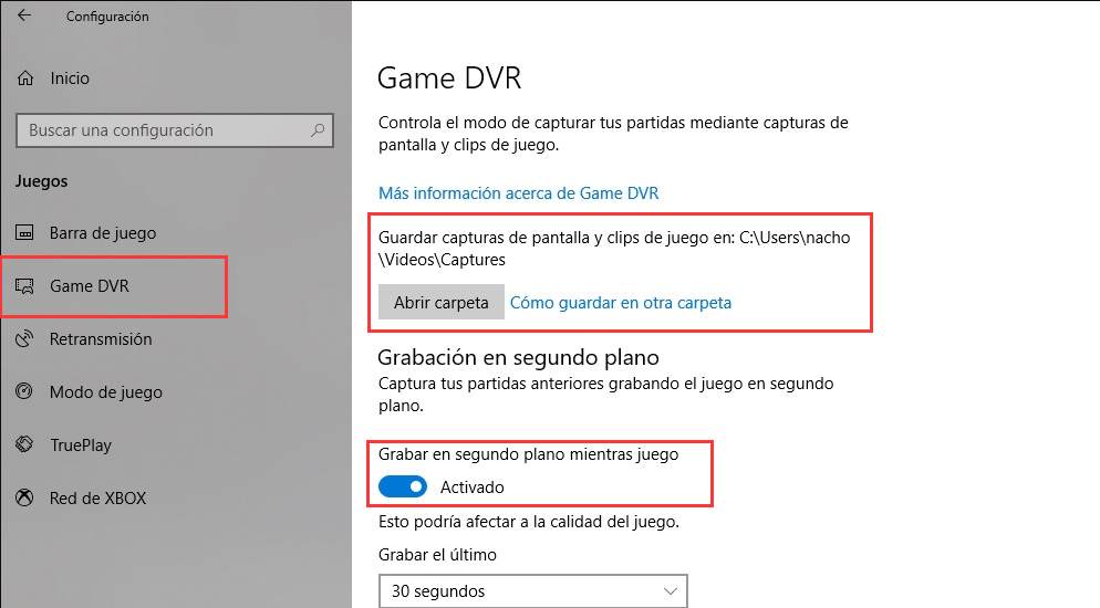 Configuración de juegos de Windows 10, game dvr