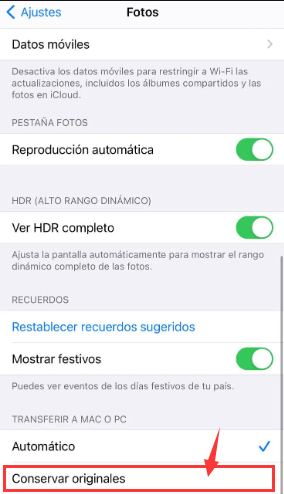 configuración de ios foto HDR transferencia de ios a MAC o PC