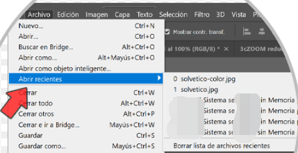 photoshop Archivos abiertos recientemente abrir recientes