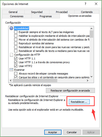 restablecer la configuración de Internet Explorer