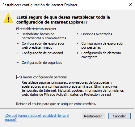 restablecer la configuración de Internet Explorer confirmar