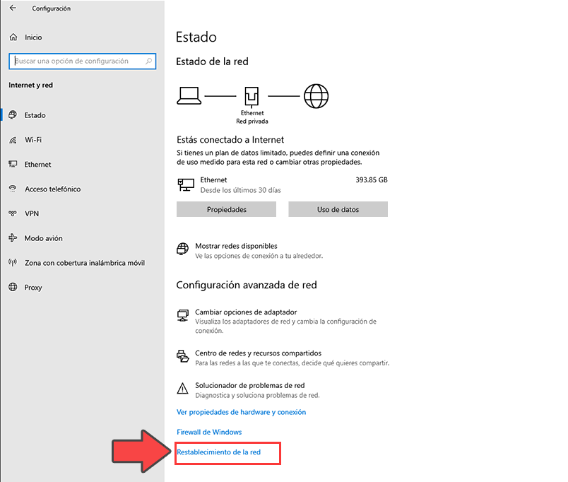 Configuración de Windows, red e Internet, restablecer red