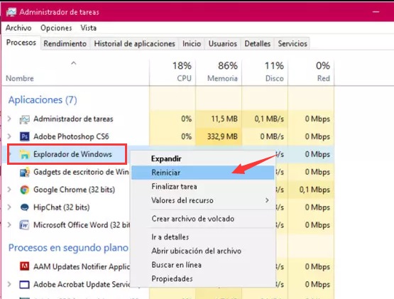 Programa de reinicio de Windows 10 en el administrador de tareas