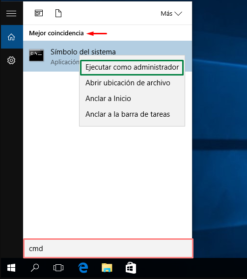 ejecutar símbolo del sistema como administrador en el menú inicio