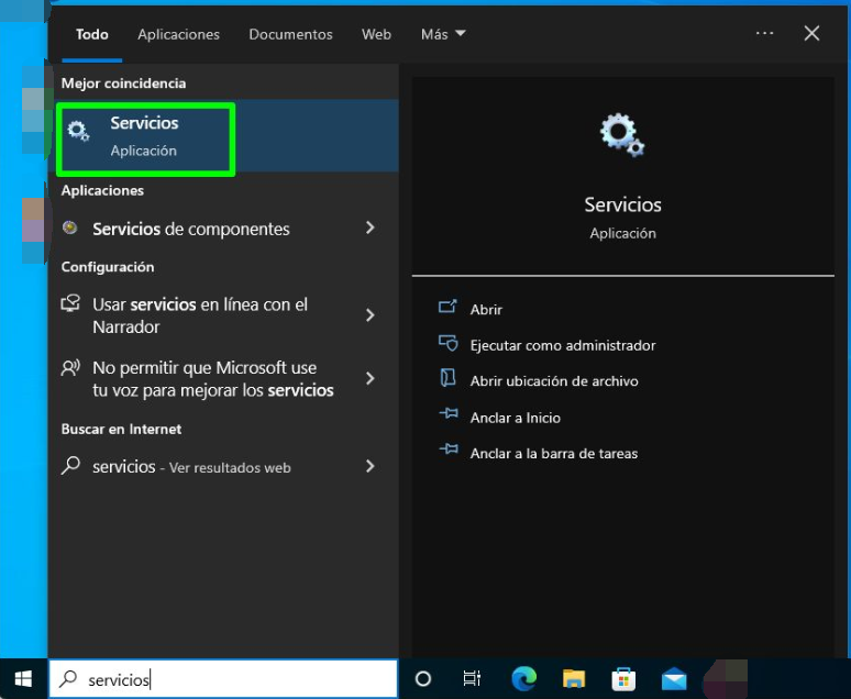 Servicio de inicio de sesión de Windows 10 en la barra de búsqueda