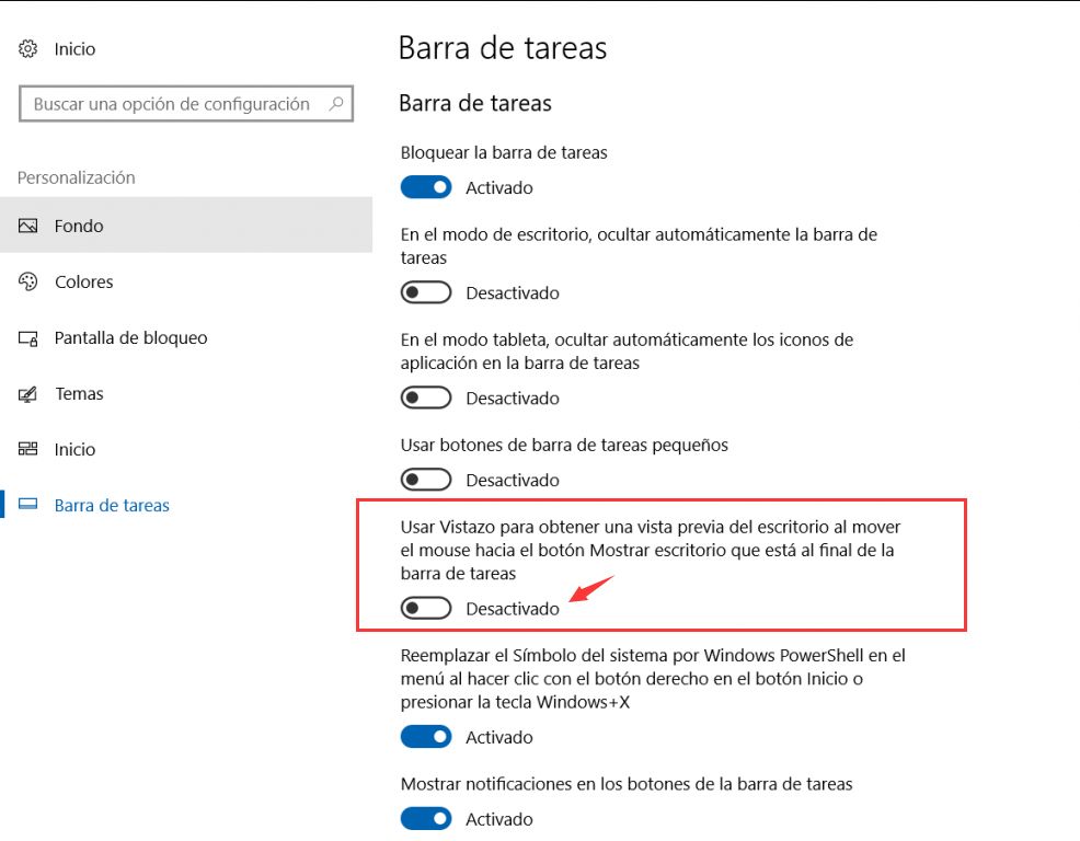 propiedades de la barra de tareas de windows 10