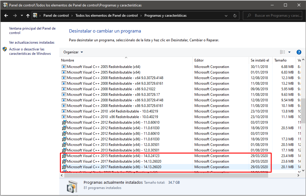 Desinstalar Microsoft Visual C++