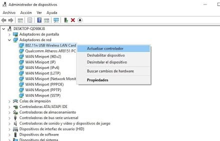 desinstalar el controlador de red en el administrador de dispositivos