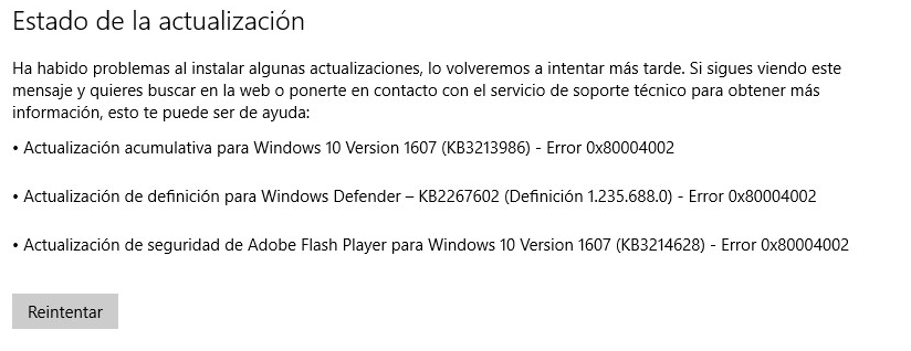 Actualización de Windows error 0x80004002