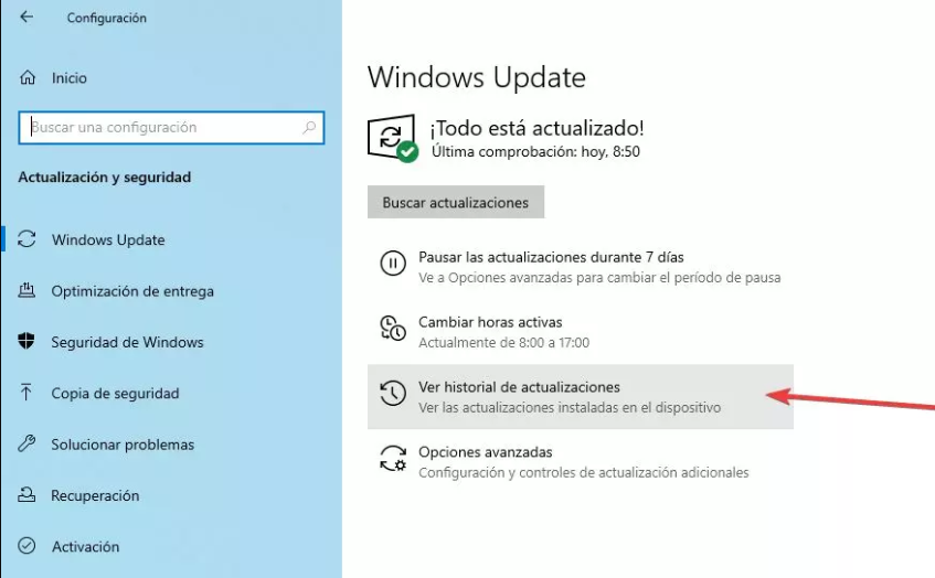 historial de actualizaciones de windows 10