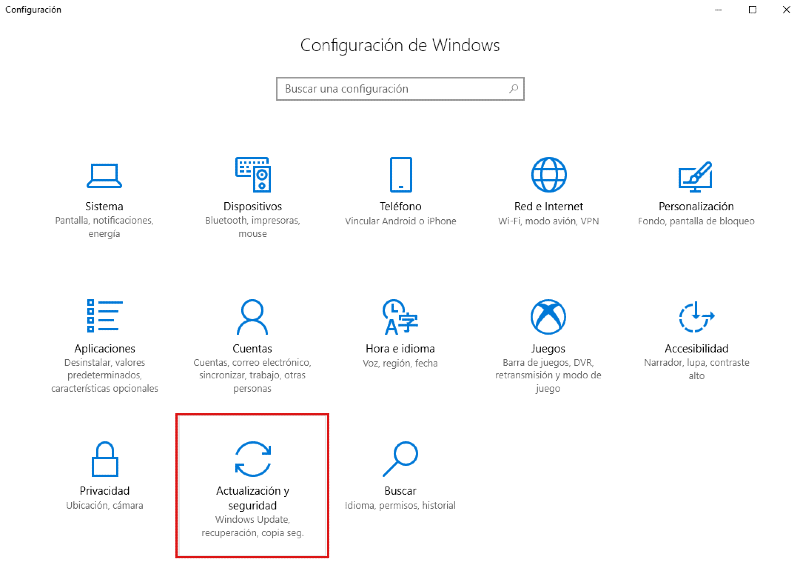 actualización de windows en la configuración