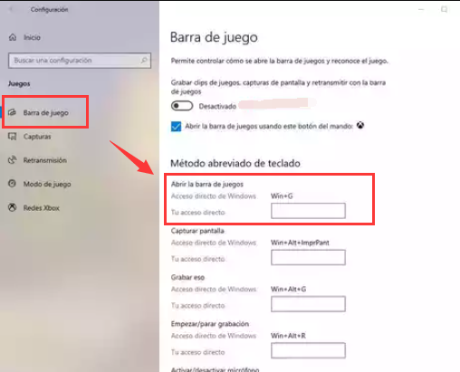 Configuración de juegos de Windows 10, barra de juegos de Xbox