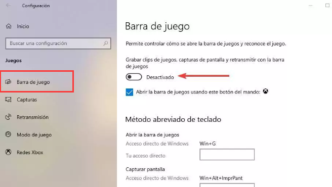 Configuración de juegos de Windows 10, barra de juegos de Xbox