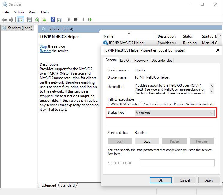 configurar Windows 10 Service TCP/IP NetBIOS Helper automáticamente
