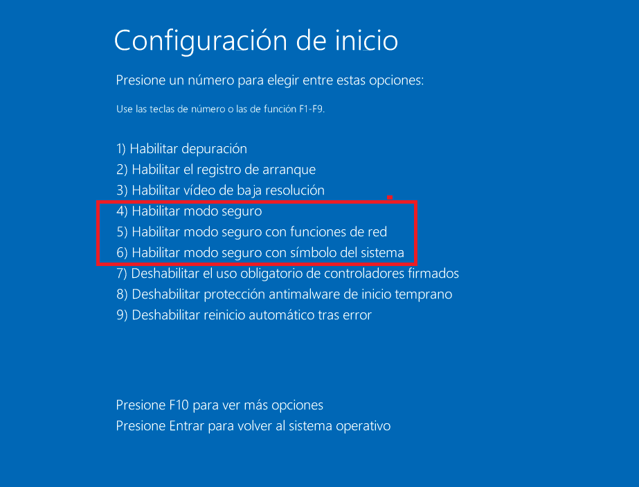 modo seguro para Windows 10, seleccione modo
