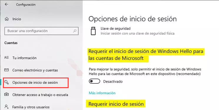 opciones de cuenta e inicio de sesión