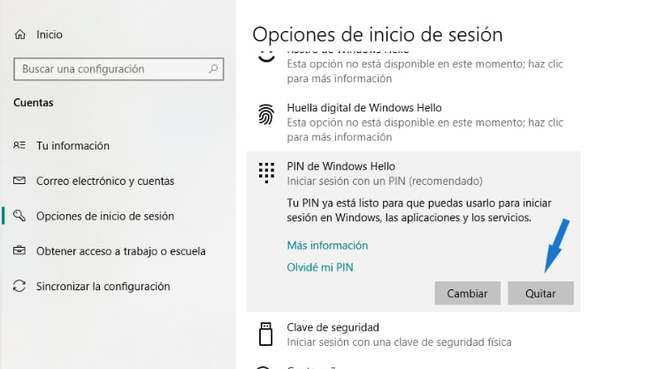 quitar PIN windows hello