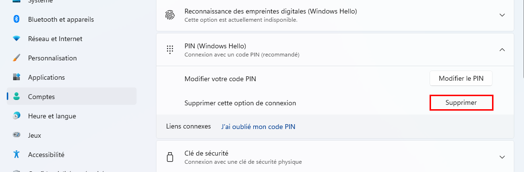 rimuovere il PIN di Windows 11