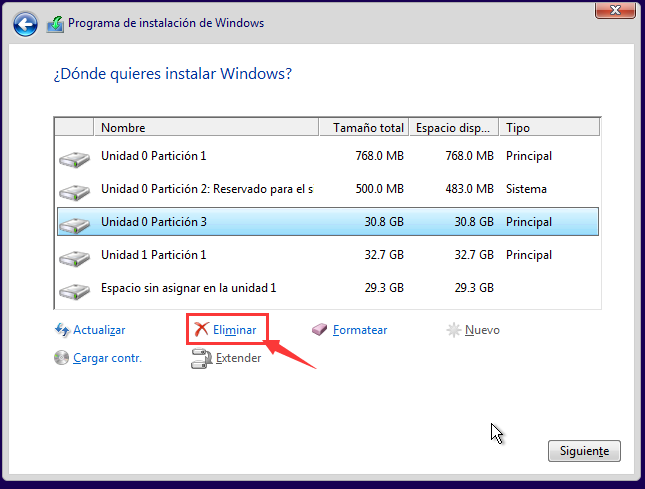 Dónde desea instalar Windows