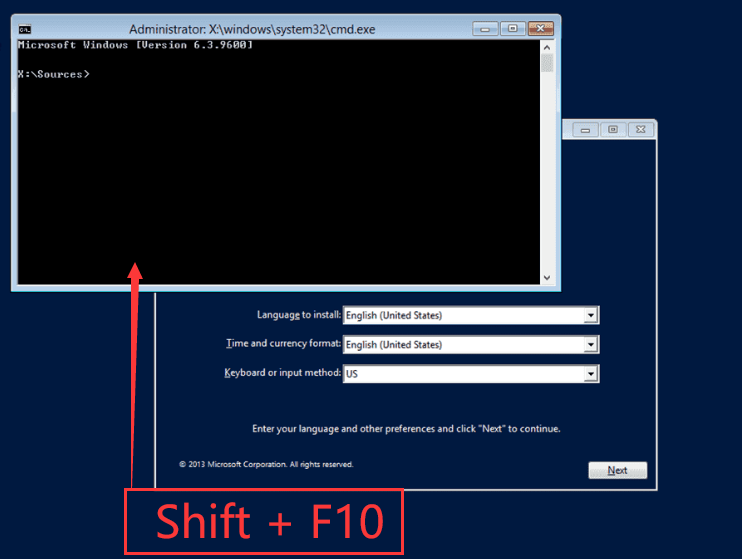 Presione Shift + F10 en su teclado para abrir una ventana del símbolo del sistema.