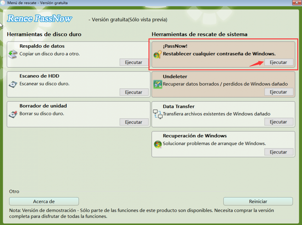 haga clic en passnow para restablecer la contraseña de inicio de sesión