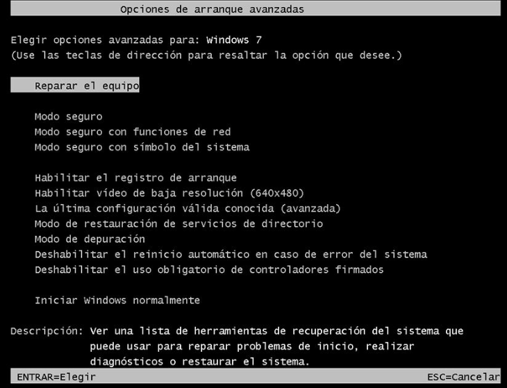 opciones avanzadas de arranque windows 7