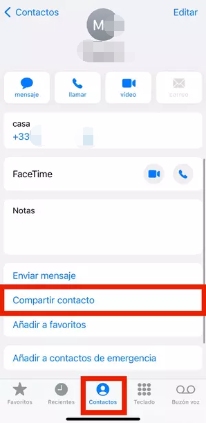 compartir contacto iPhone, mensaje
