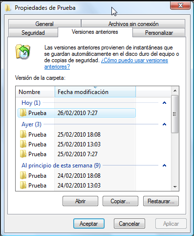 Versiones anteriores para restaurar archivos