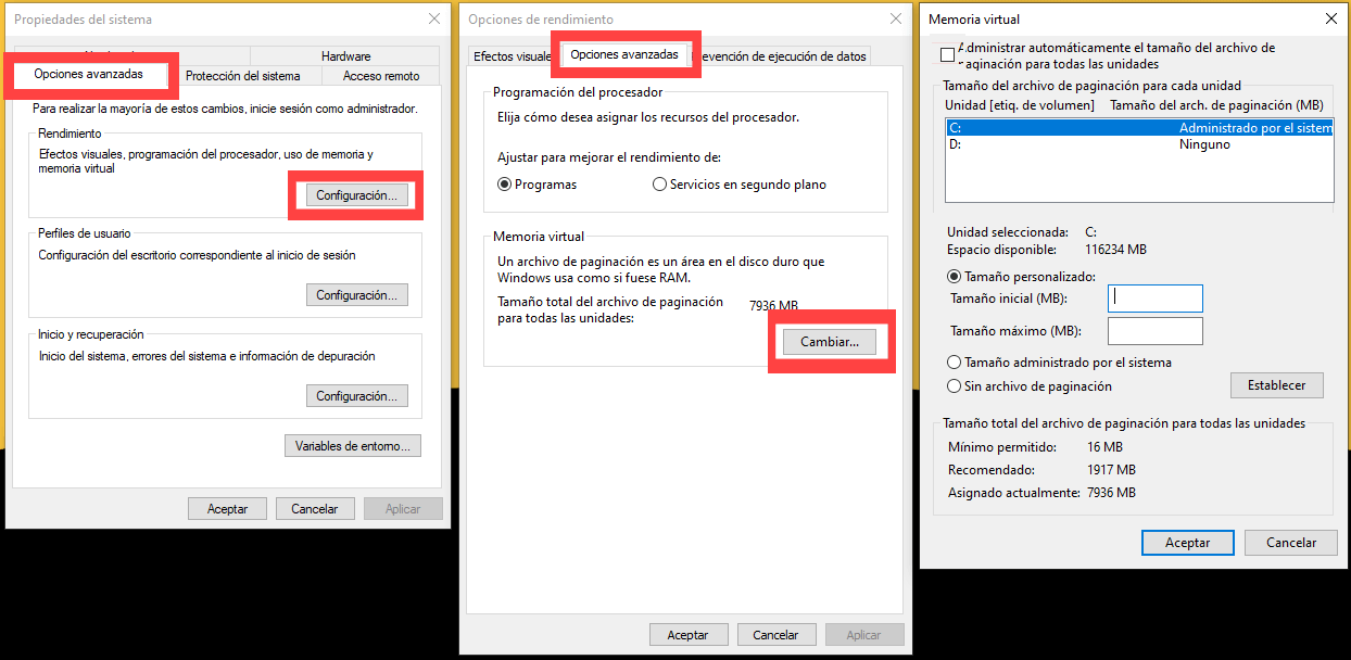 Configuración de la memoria virtual de Windows