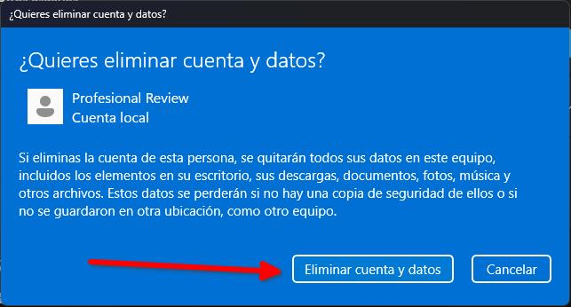 Confirmar la eliminación de la cuenta de usuario y los datos en Windows