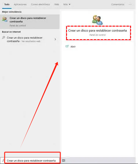 Buscar "Crear un disco de restablecimiento de contraseña en Windows"
