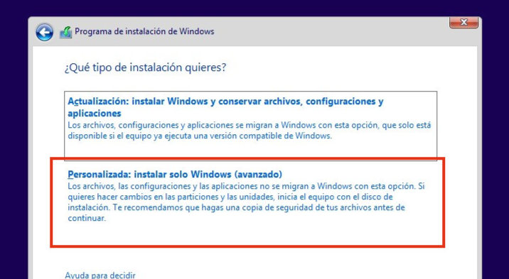 Instalación personalizada de Windows 10/11