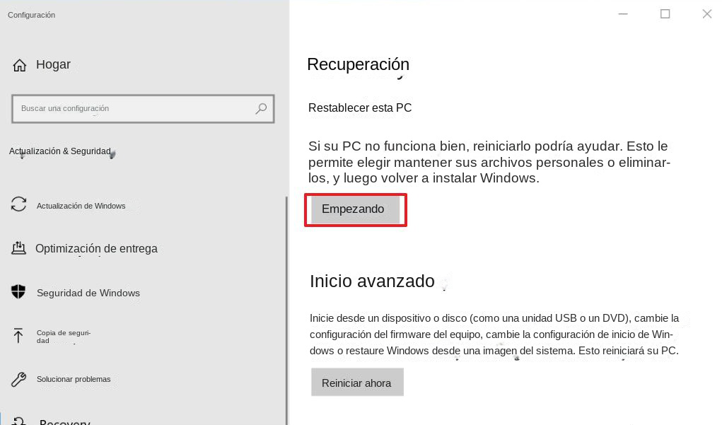 Restablecer este PC -&gt; comenzar