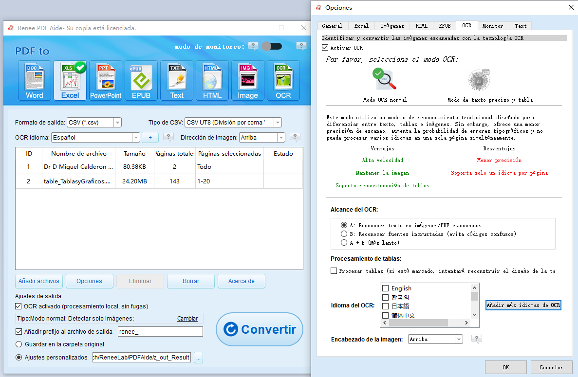 PDF Aide usando OCR para convertir pdf a excel o csv