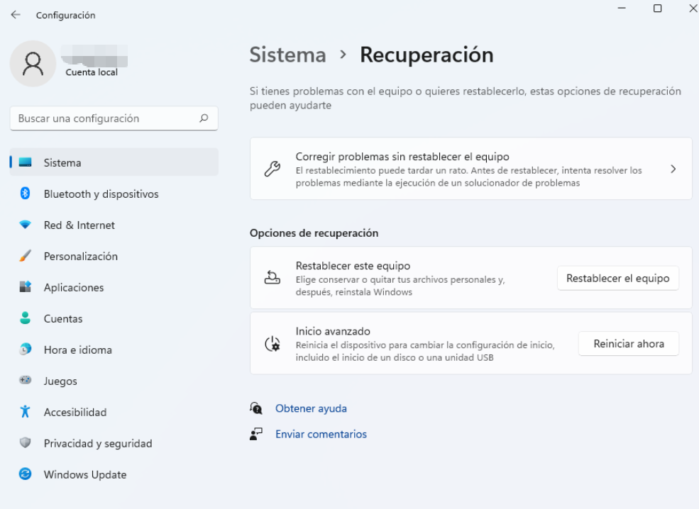 selecciona sistema y recuperación en configuración de windows 11