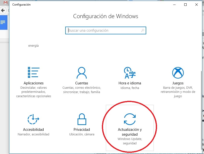 selecciona actualización y seguridad en configuración de windows 10