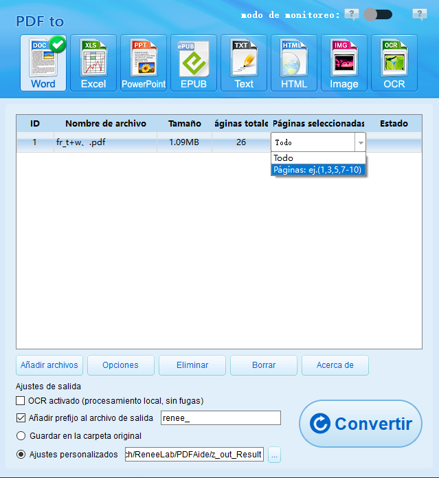 Seleccionar páginas al convertir PDF a Word