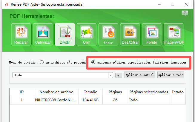 Conservar páginas PDF especificadas