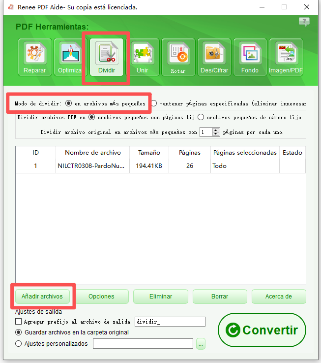 cómo dividir archivos PDF con Renee PDF Aide