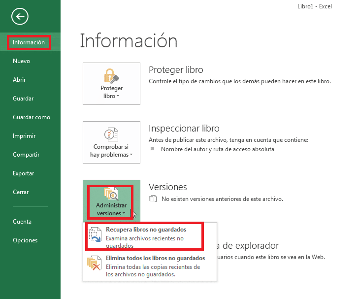 Administrar libro en Excel y localizar «Recuperar libros no guardados, Explorar archivos no guardados recientes»