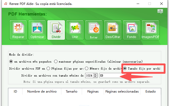 dividir archivo PDF por tamaño fijo