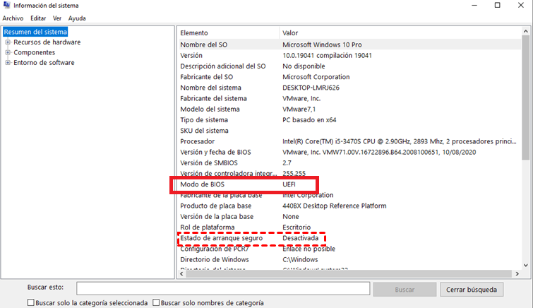 Cuadro de diálogo Información del sistema que muestra el modo de arranque UEFI y el estado de Secure Boot