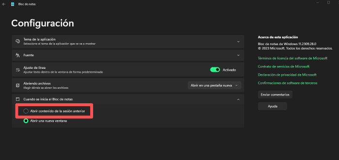 configuración del bloc de notas Continuar sesión anterior al iniciar el Bloc de notas